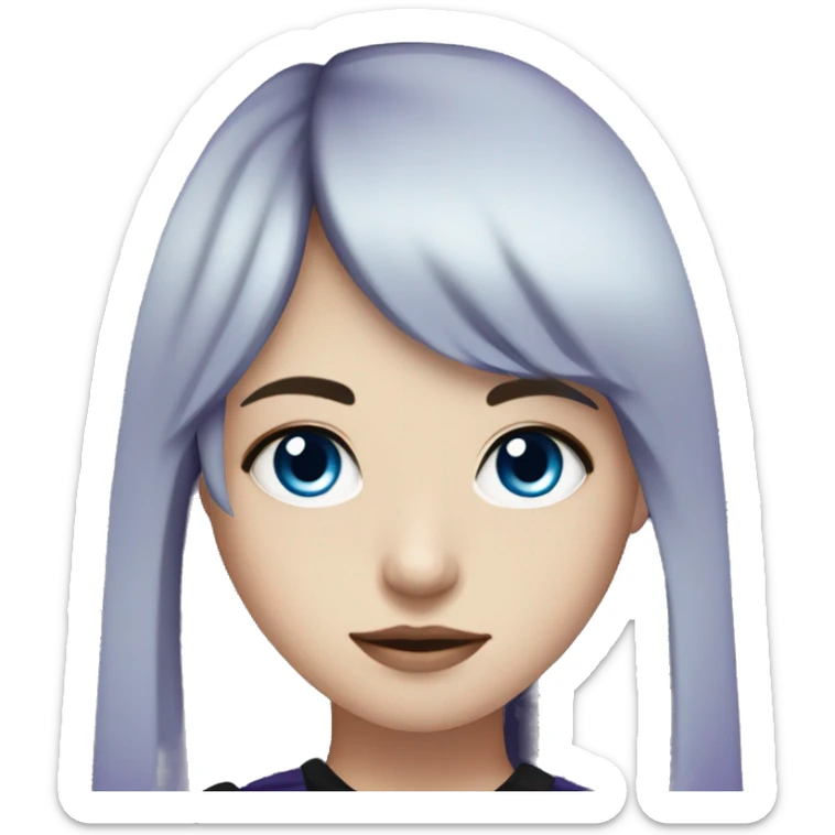 girl, pale skin, blue eyes, long hair, dark purple hair, bangs, black clothes, eyeliner sticker