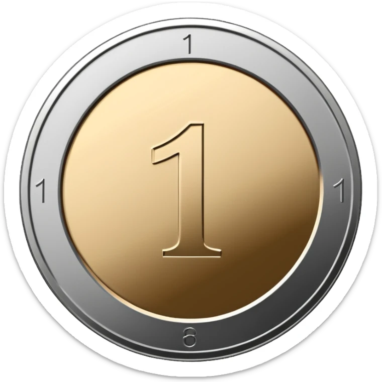 Emoji icon of a metal coin with engraved number 1, minimalist style, isolated, only metal color sticker