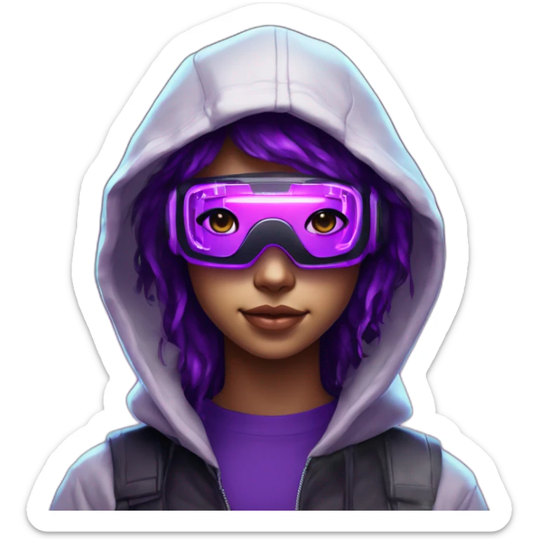 light-skin teen student in the black hoody with violet letters "SN" on it wearing vr headset. Cyberpunk style. Violet neon. sticker