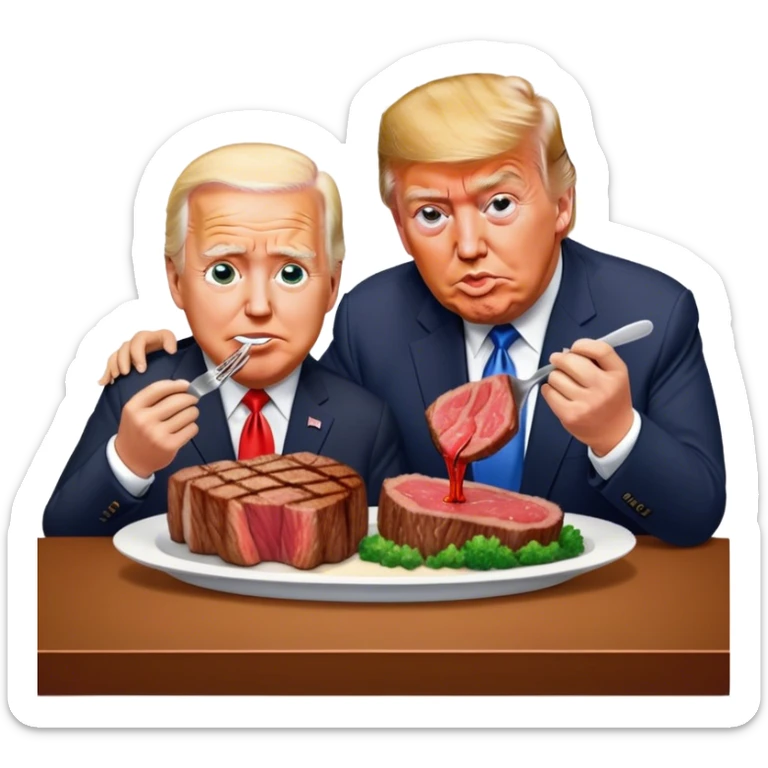 photorealistic Donald Trump and Biden eating a steak shaped like an piece of land sticker