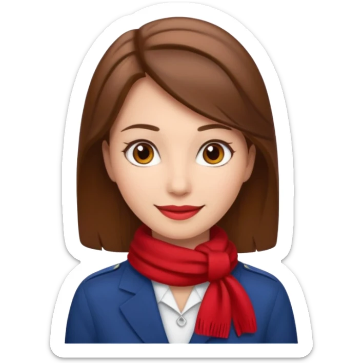 Female flight attendant, with red scarf, white shirt, brown hair, brown eyes, iOS emoji-type face, fair skin  sticker