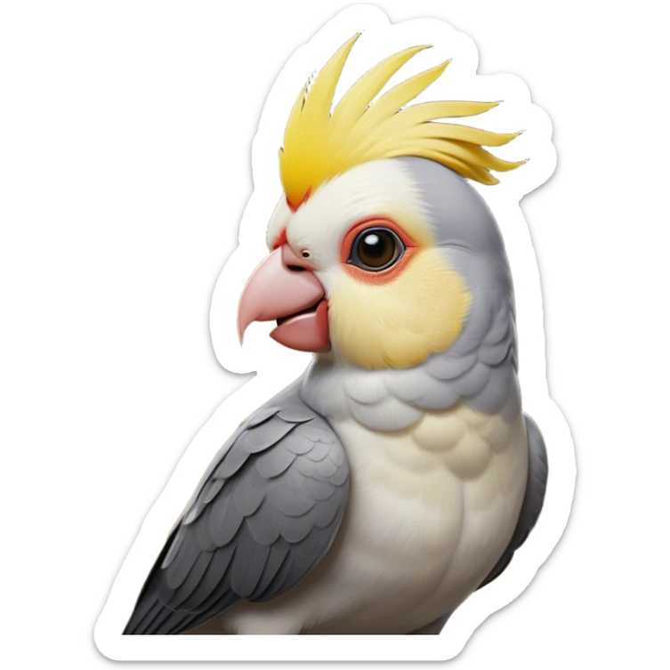 Cinematic Noble Cockatiel Portrait Emoji, Poised and regal, with a slender, delicate build and a beautifully groomed grey fur accented by vibrant yellow cheek patches and a graceful crest, deep-set soulful dark eyes, Simplified yet sharp and sophisticated features, highly detailed, glowing with a soft, dignified glow, high shine, intelligent and charming, stylized with an air of elegance, focused and attentive, soft glowing outline, capturing the essence of a watchful and confident avian companion, so majestic it feels as though it could flutter out of the screen with effortless authority! sticker