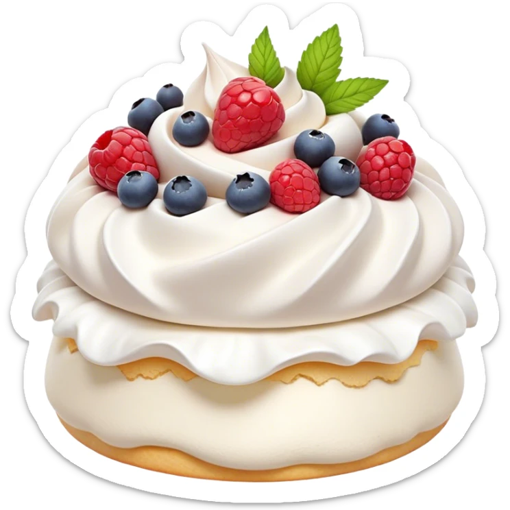 Cinematic Realistic Pavlova Dessert Emoji, showcasing a delicate meringue dessert topped with fresh fruit rendered with lifelike texture and soft natural lighting. sticker