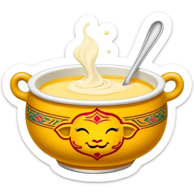 Tibetan butter tea in traditional bowl, simplified emoji style with bold outlines and bright colors, cartoon style creamy yak butter drink sticker