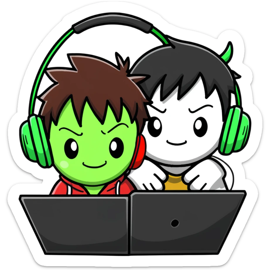 Green Luffy and green Alastor wearing headphones listening to music together sticker