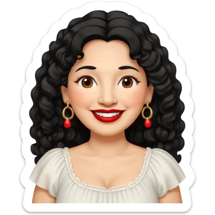 60 yr old Mexican woman, slightly chubby, wavy/curly long black hair, red lipstick, big smile, white teeth, brown eyes, hoop earings, side part to hair, round face, pretty white dress, hair side swept, big hoop earing sticker