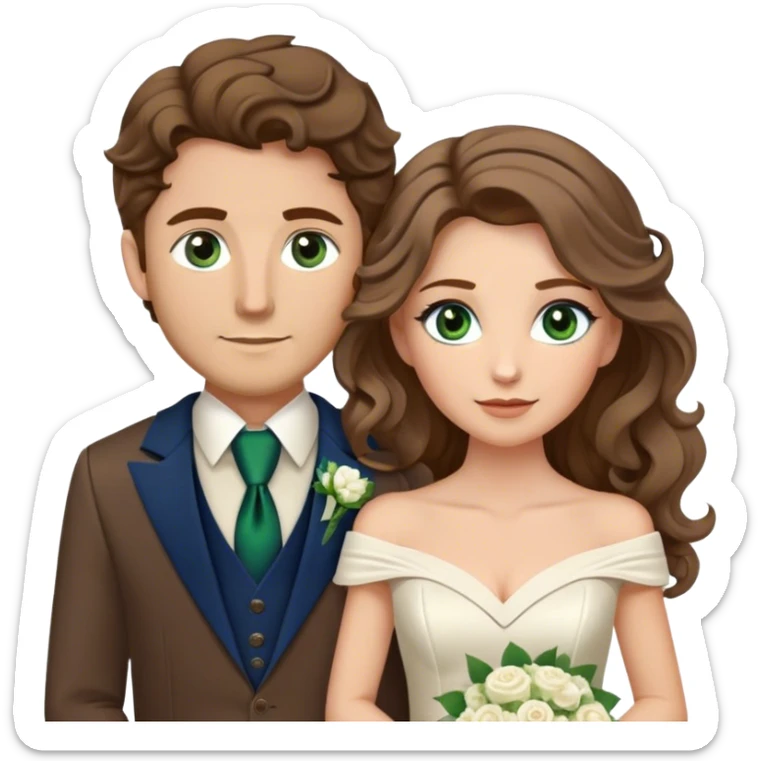 A bride and groom. Bride has brown hair with soft curls, has green eyes, wears an off shoulder dress. Groom, dark blue eyes, hair is blond, wears a brown suit with a brown vest and a bolo tie. sticker