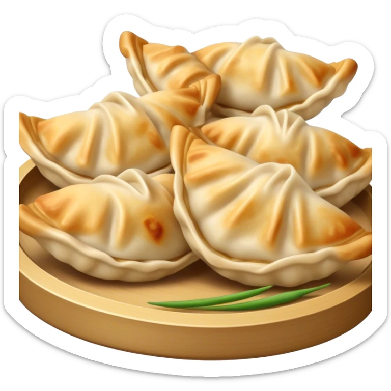 Gyoza Cinematic Realistic Gyoza Dish Emoji, depicted in a close-up view of 1 to 2 delicate dumplings with a crisp, golden exterior and savory filling, rendered with exquisite detail and dynamic lighting. sticker