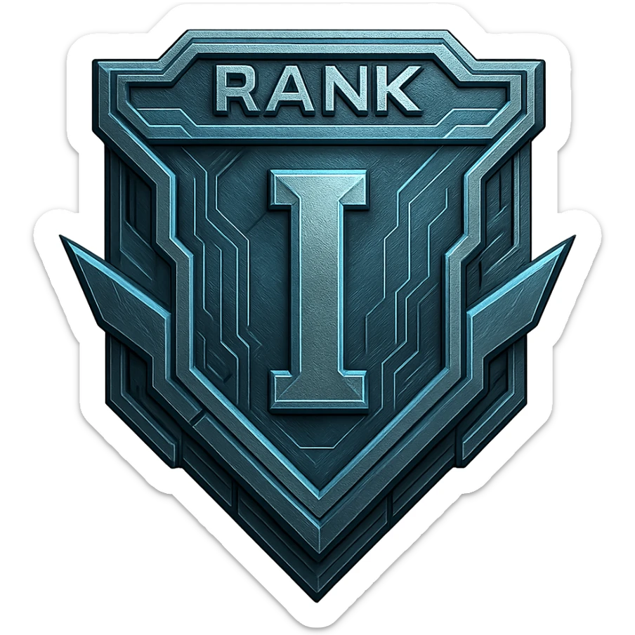 a metal insignia badge for a "rank I", space scifi-futuristic cyberpunk futurepunk sticker