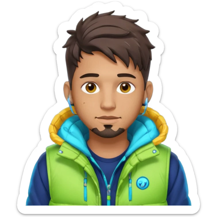 Cyberpunk street adult, hispanic, male, messy undercut, puffer vest over hoodie, glowing earpiece, light stubble, brown eyes, neon reflections sticker