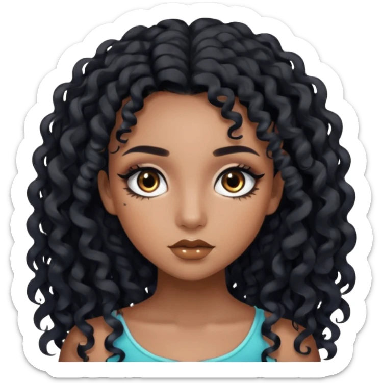 girl with long black curls and brown eyes, brown skin, eyelashes, siren eyes sticker
