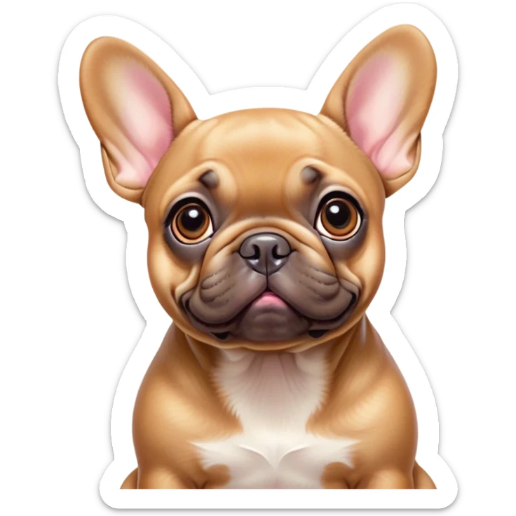 Cinematic Cute Fawn French Bulldog Portrait Emoji, Head tilted playfully and inquisitively, featuring a glossy fawn coat with a smooth texture, round, sparkling dark eyes filled with curiosity, Simplified yet irresistibly adorable features, highly detailed, glowing with a warm, friendly glow, high shine, affectionate and lively, stylized with a touch of whimsy, bright and endearing, soft glowing outline, capturing the essence of a mischievous yet loving companion, so playful it feels like it could prance out of the screen and into your arms! sticker