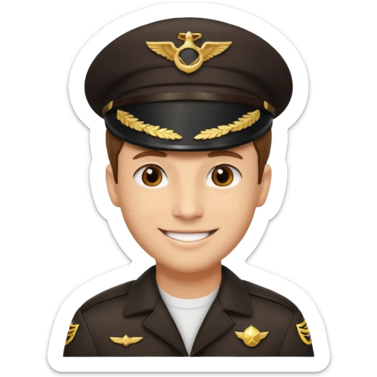 A light-skinned man with short brown hair, brown eyes, and a cheerful smile, wearing a dark pilot cap with a gold emblem. sticker