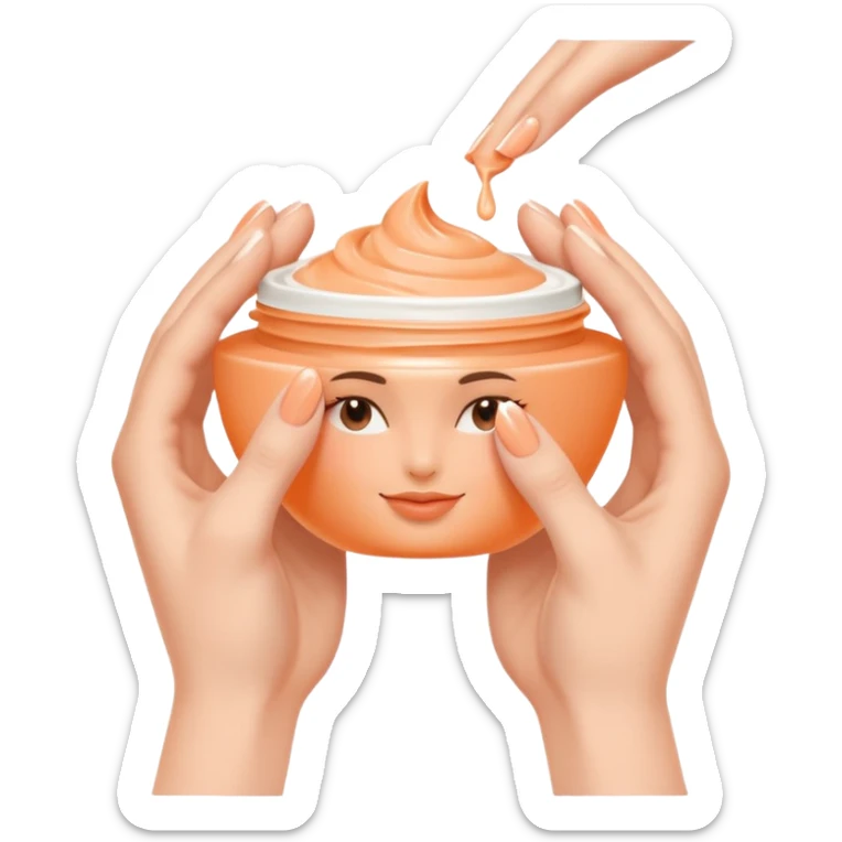 Minimal emoji of hands gently applying skincare cream, soft nude and peach tones, clean beauty aesthetic, calm and elegant, subtle glow sticker