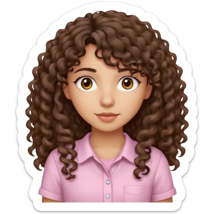 A Latina girl with brown eyes and long loose curly hair with curly bangs with a light pink shirt sticker