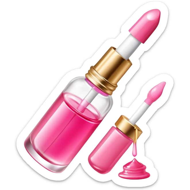 Gisou lip oil in pink color, small transparent bottle with gold cap, pink-tinted lip gloss, honey-infused beauty product sticker