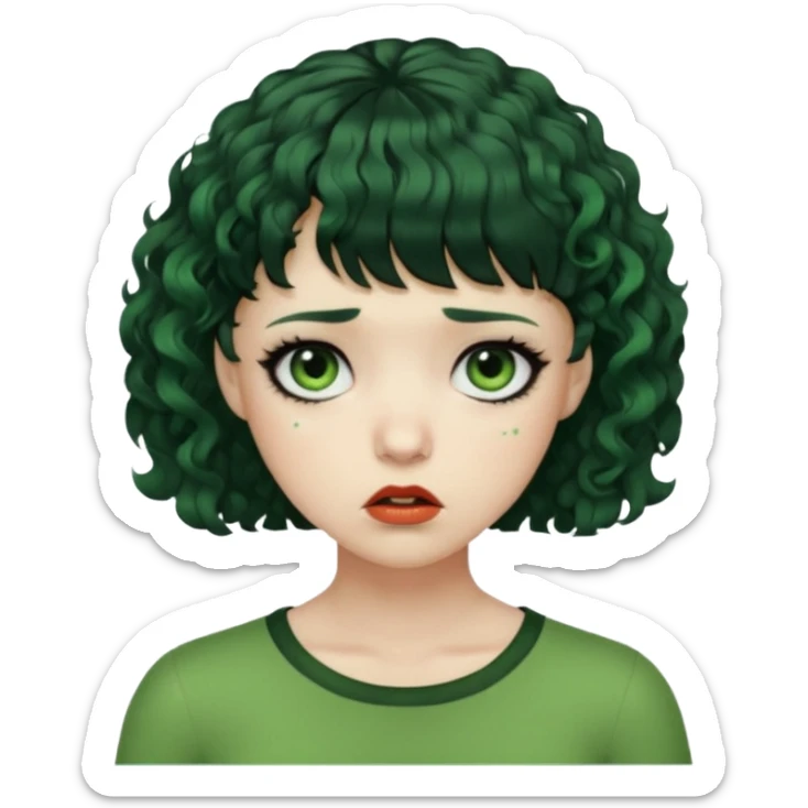 quero que você cria uma mulher, o rosto dela. nela, ela tem cabelo curto e ondulado, tem franja e ela tem semblante triste, deixe ela com pele verde e com cabelo cacheado( ela tem que ter semblante assustador e muito triste, ela pode ter olhos totalmente preto ou vermelho) sticker