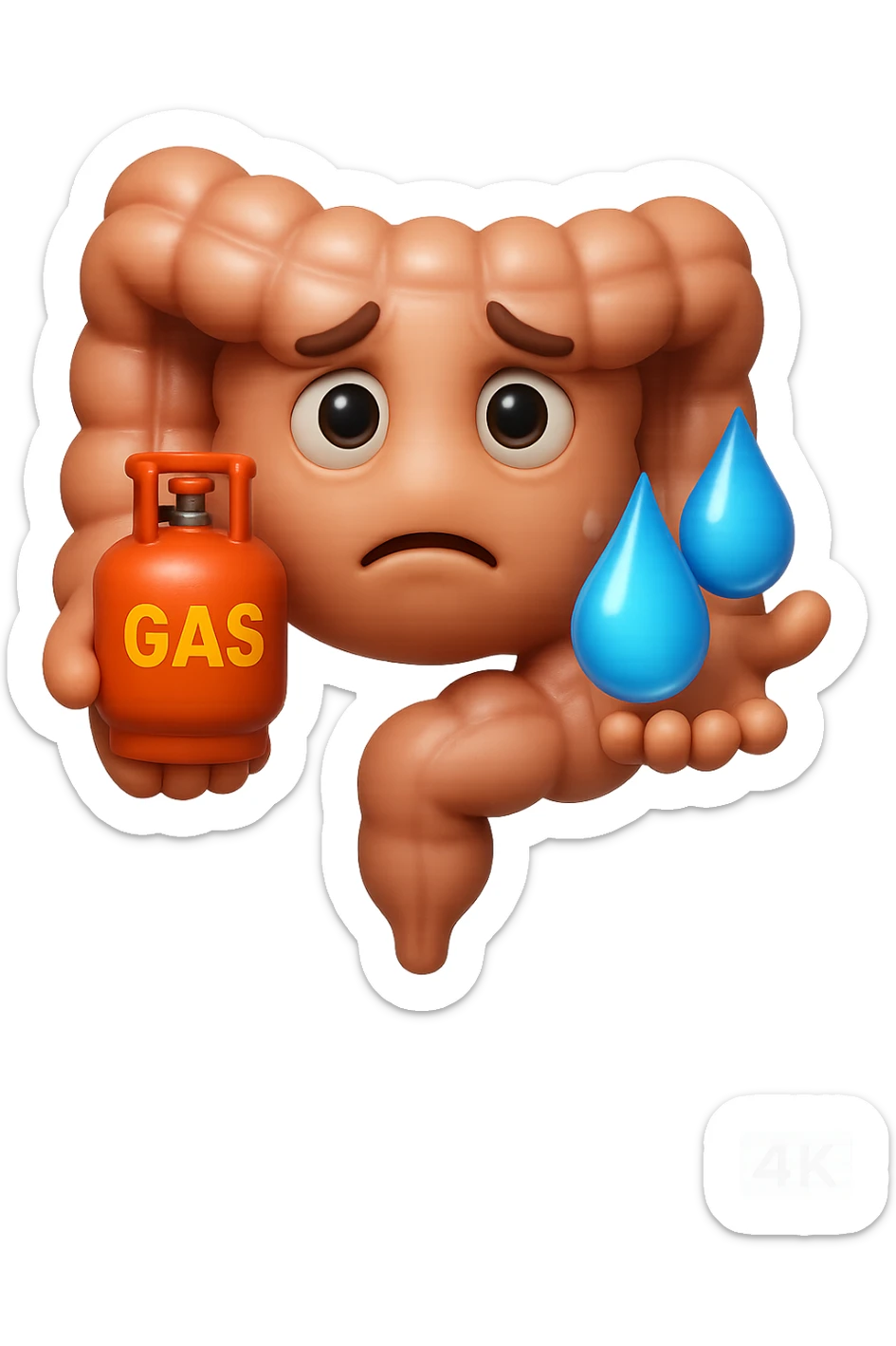 EMOJI STILE IPHONE DI un'intestino preoccupato che ha una bombola di gas con la scritta "GAS" SOPRA in mano e due gocce di acqua in 3d nell'altra mano, IPERREALISTICO 4K sticker