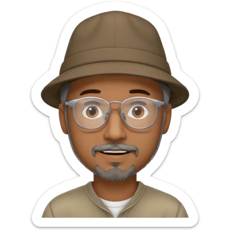Brown man with hat no hair, but gray goatee, clear glasses and slightly smiling sticker