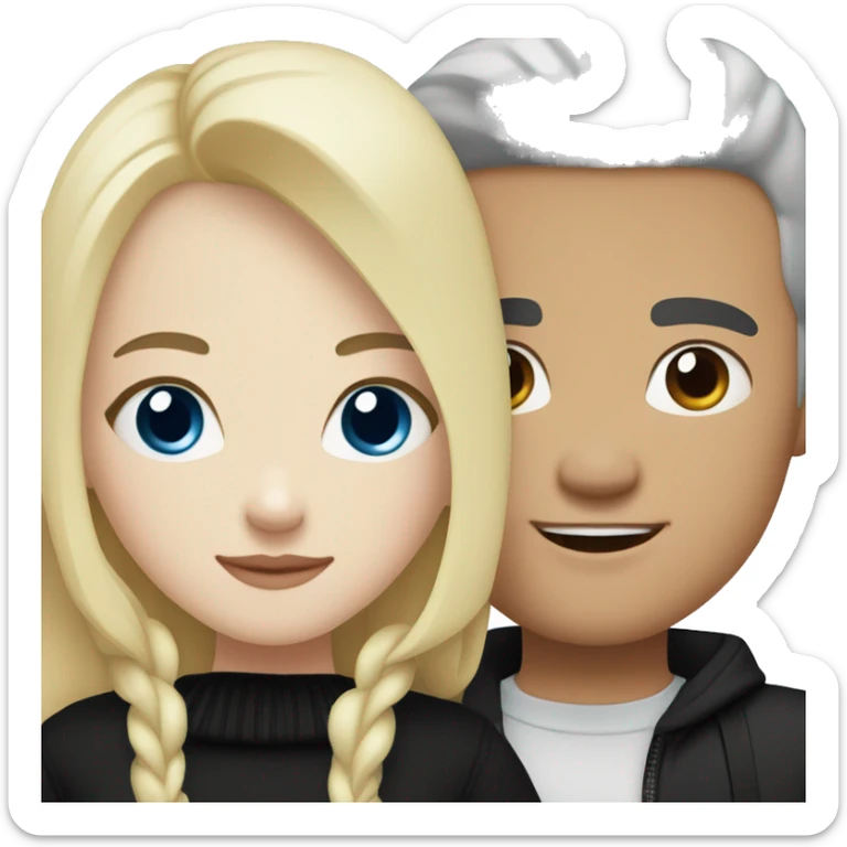 Blonde girl with blue eyes in black sweater and an east asian with light skin man with black hair and black eyes hugging sticker