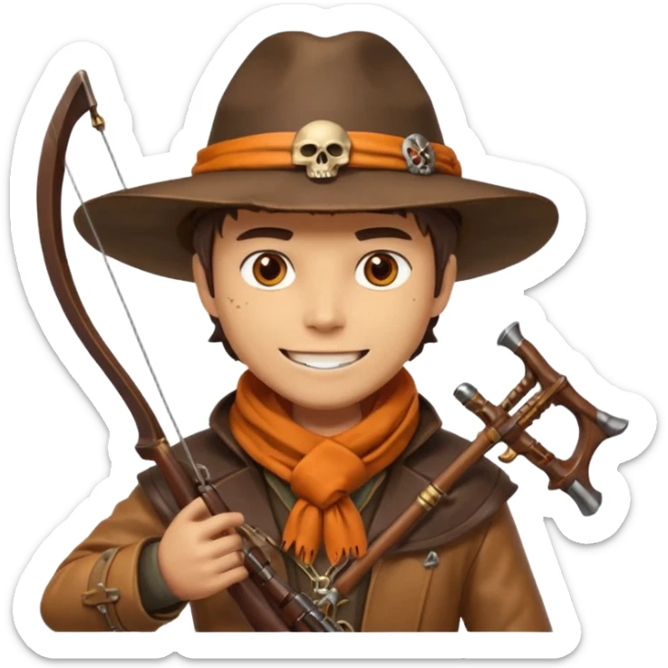 male human monster hunter emoji, wearing brown leather coat and wide hat, holding crossbow or rifle, with amulet shaped like skull, Halloween fantasy theme, confident smile, orange scarf, Apple emoji style, clean white background, square image sticker