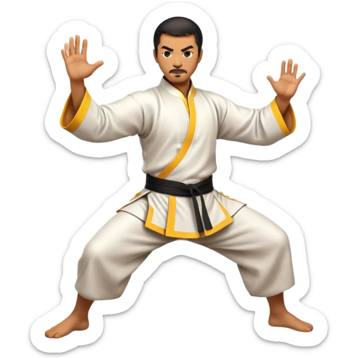 Cinematic Realistic Kung Fu Action Emoji, depicted as an epic martial arts scene with a master executing a precise move in traditional attire, rendered with fluid motion and vibrant textures under dramatic high-contrast lighting. sticker