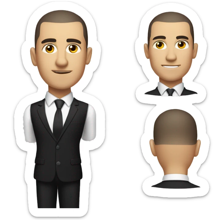 White man with dark hair buzzcut, wearing black suit and tie with white dress shirt  sticker