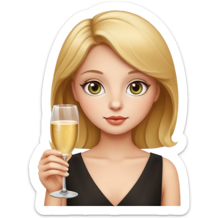 leo woman holding a glass of champagne, apple emoji style, simple and bold, round face, big eyes, minimal details sticker
