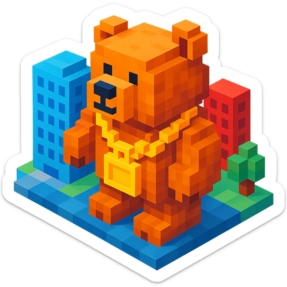 Russian grizzly bear with a rapper chain, in a city setting sticker