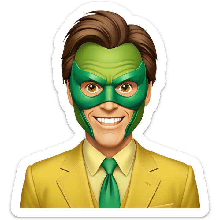 Icon for The Mask Movie: A vintage movie poster-style design with Jim Carrey’s iconic green mask, exaggerated facial expression, and comedic pose. Include elements like the yellow suit, cartoonish transformations, and bright, energetic colors. Retro cinematic feel. Transparent background. sticker