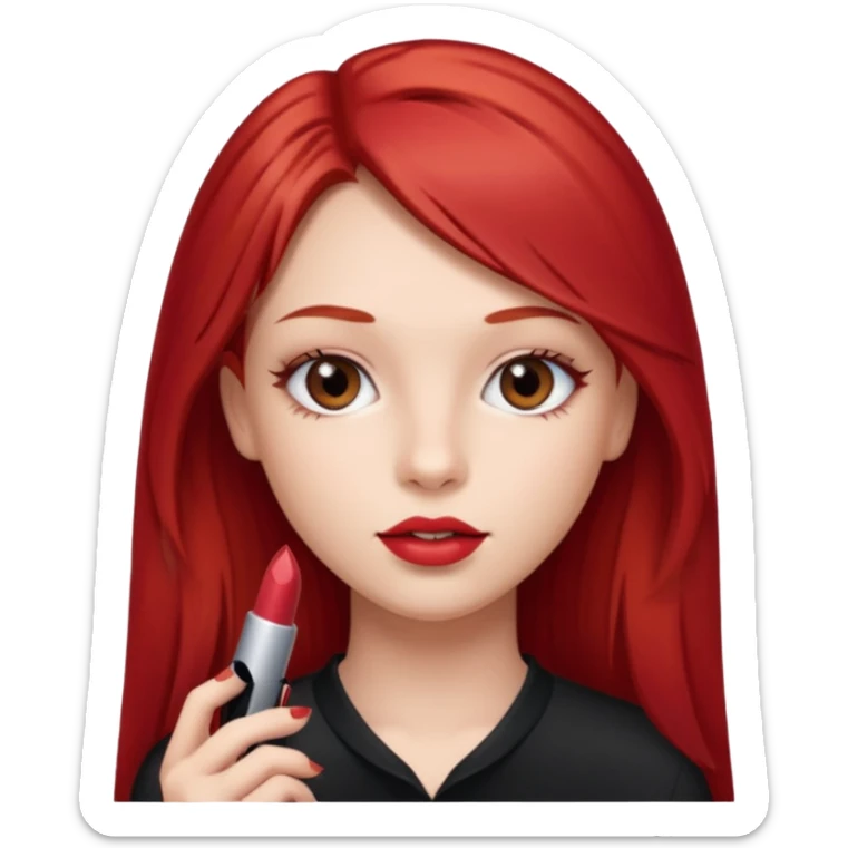 una chica con un pintalabios en la mano de 18 años, de piel blanca con el pelo liso, largo y pelirrojo, ojos marrones sticker