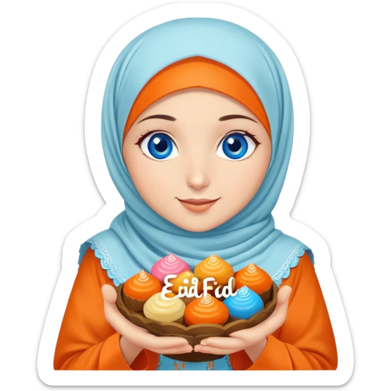 Turkish beautiful finish Konya girl blue eyes with orange hijab islamic dress and had on her hand text Eid Mubarak with sweets and celebrating with her friends eid days   sticker