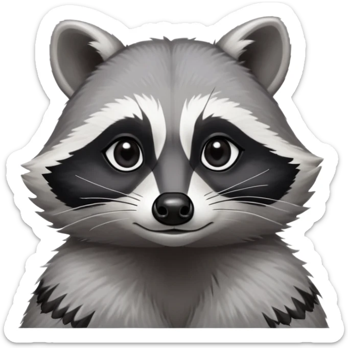 Cinematic-Noble-Raccoon-Portrait-Emoji – Poised and confident, with a sturdy build and a beautifully textured fur of silver-grey accented by dark black facial markings, deep-set, large big black eyes revealing no white, simplified yet sharp and sophisticated zoom out to show shoulders sticker