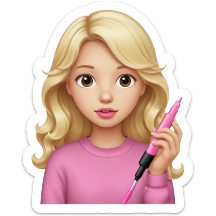 A long curled blonde haired  young girl with a pink sweater and holding a lip gloss sticker