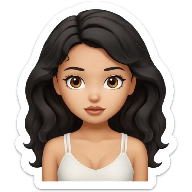 a pretty bratz tan girl with wavy black hair wearing a white cami top. Skintone is tan sticker