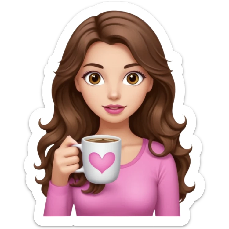 girl with long wavy brown hair, brown eyes, long lashes, pink lips, light to medium complexion, pink sexy top, with a coffee mug sticker
