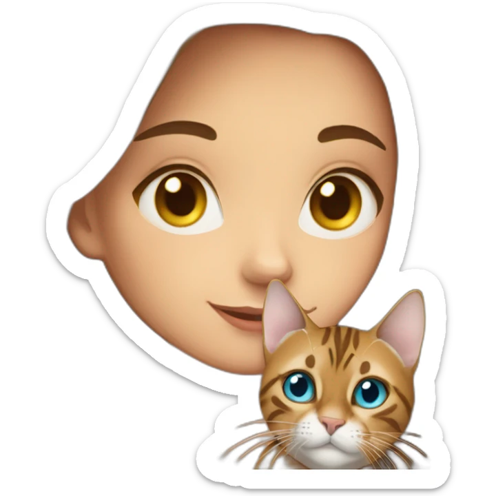 a beautiful girl with blue eyes and brown hair holds a Bengal cat with yellow eyes in her arms sticker