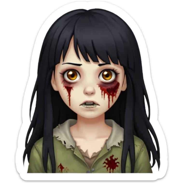 Zombie woman with long black hair and bangs, a nose piercing, and brown eyes. sticker