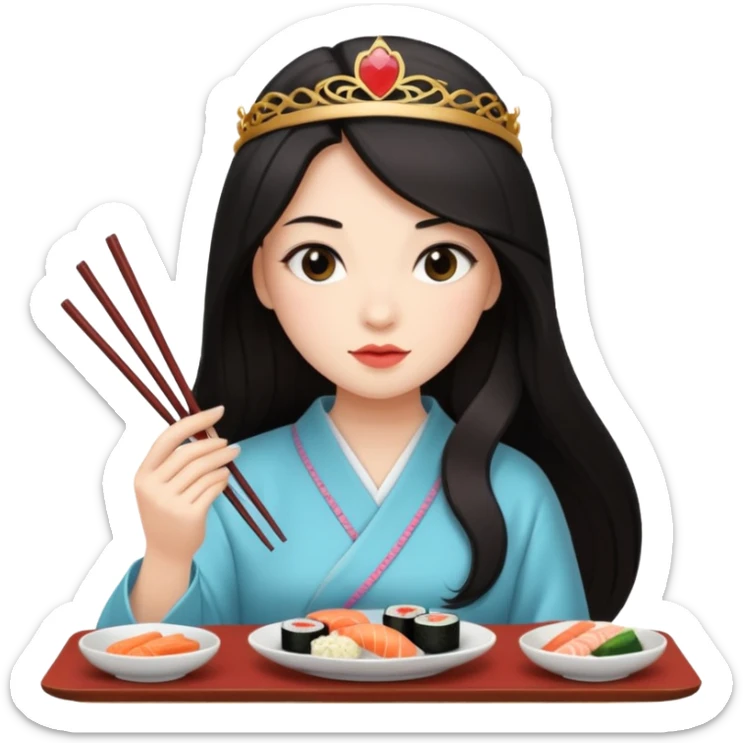 czarnowłosa ksieżniczka w dlugich wlosach je sushi sticker