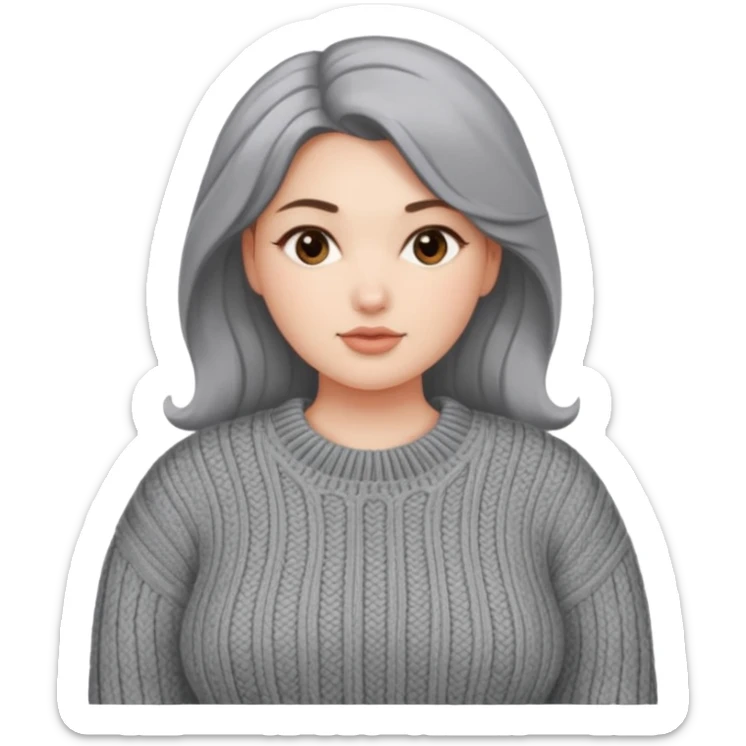 Design a woman’s grey sweater for a voluptuous woman. Only design the sweater sticker
