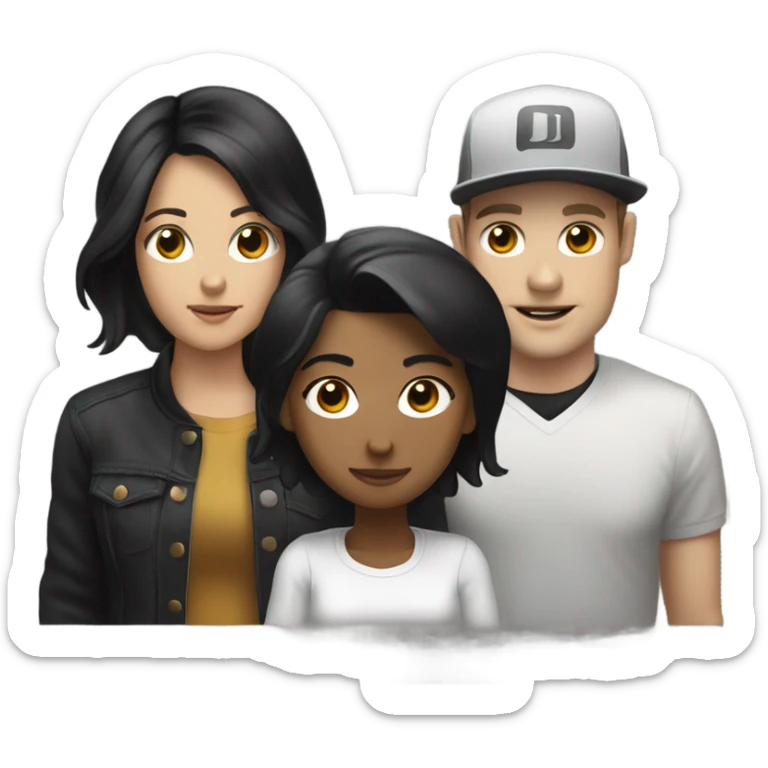 3 people: a white girl with black hair, a brown girl, and a white guy behind DJ turntables together sticker