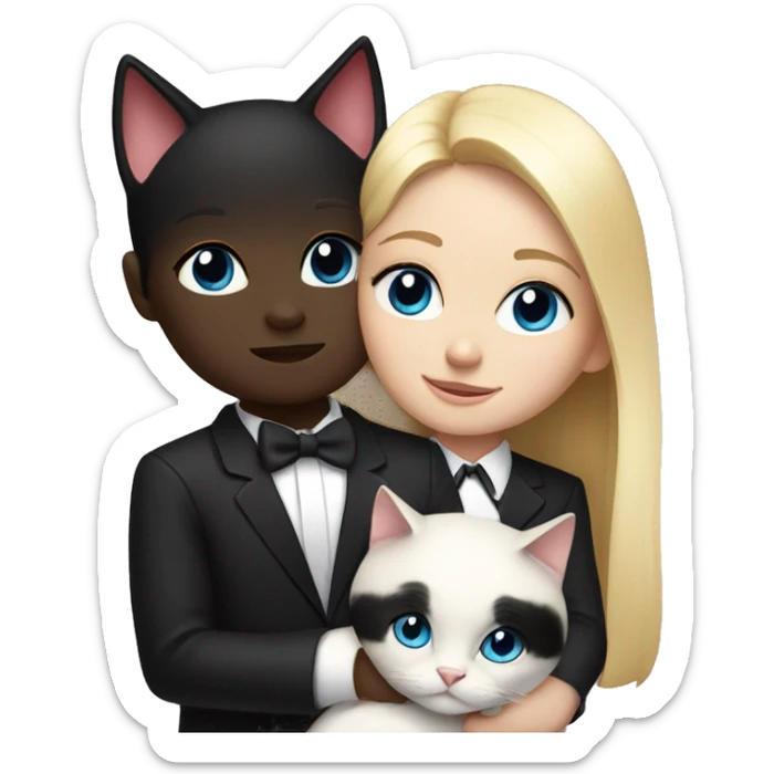 Blonde girl with blue eyes, snuggling a black and white tuxedo cat sticker