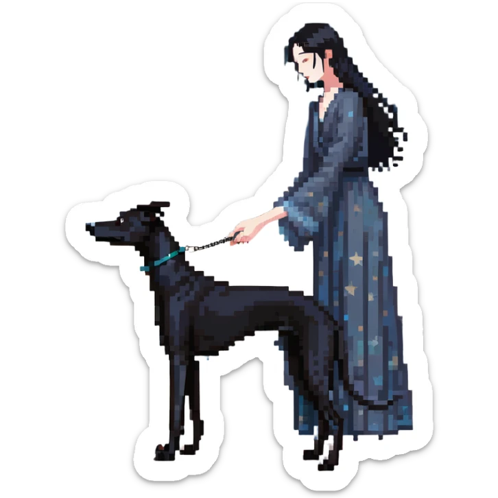 A very beautiful and attractive 25-year-old Japanese woman with long flowing black hair gently petting a SOLID DARK GREY whippet on a beach at night under a starry sky. The woman's hand is lovingly stroking the whippet. The whippet MUST be COMPLETELY SOLID DARK GREY with ABSOLUTELY NO WHITE MARKINGS ANYWHERE - no white chest, no white face, no white paws, no white tip on tail - ENTIRELY ONE SOLID DARK GREY COLOR throughout the entire dog. Deep blue night sky filled with bright stars, moonlight reflecting on the ocean, sandy beach in the foreground. sticker