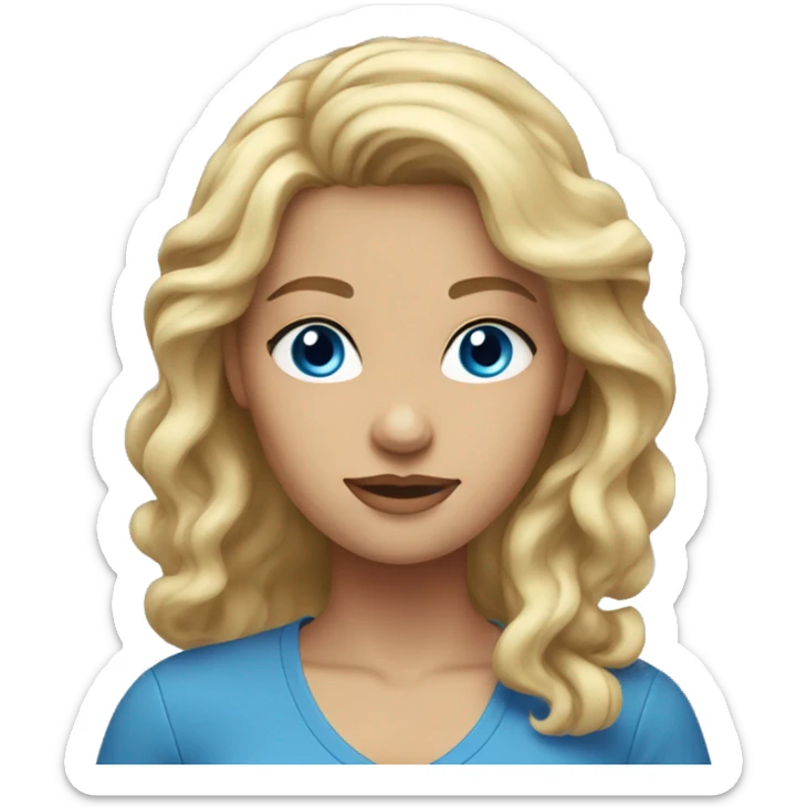 Woman with blonde wavy hair with a blue shirt on and blue eyes sticker