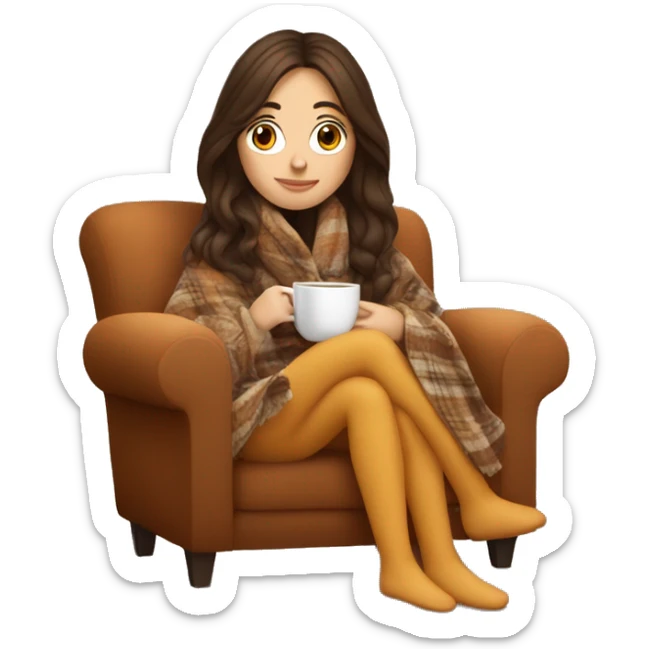 Brunette white girl covered in blanket autumn vibe sitting on a cozy chair holding coffee sticker