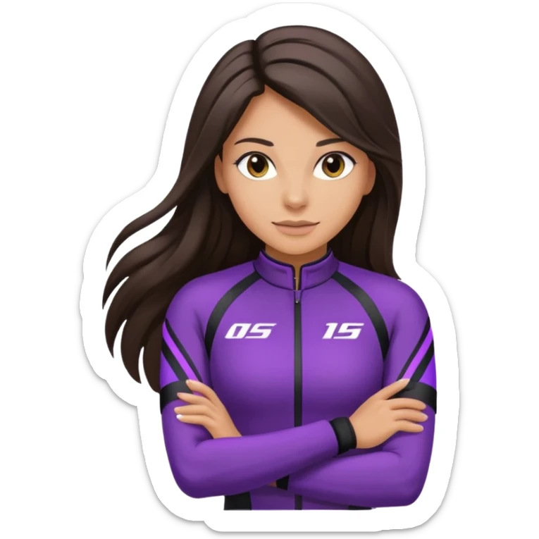 brunette long hair woman with black racing outfit with single purple strips on arms sticker