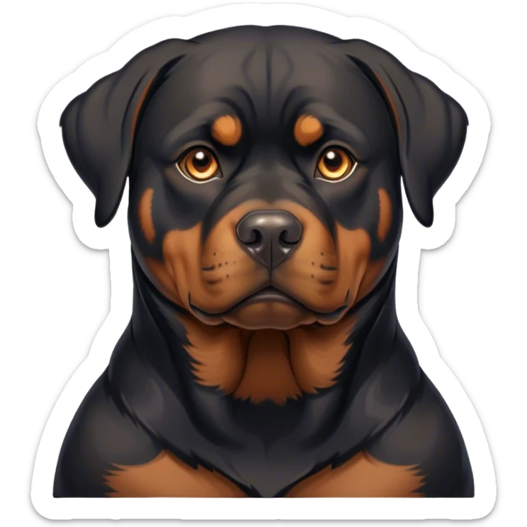 Cinematic Noble Rottweiler Portrait Emoji, Poised and regal, with a powerful, muscular build and a sleek, well-groomed coat of rich black with tan markings, deep-set soulful brown eyes, Simplified yet sharp and sophisticated features, highly detailed, glowing with a soft, dignified glow, high shine, intelligent and commanding, stylized with an air of authority, focused and attentive, soft glowing outline, capturing the essence of a watchful and fearless guardian, so majestic it feels as though it could stride out of the screen with effortless authority! sticker