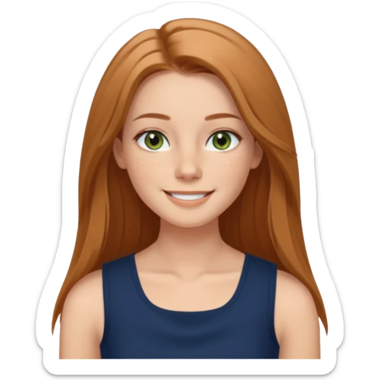 emoji of a confident woman named Freya McOmish, smiling, hazel green eyes, straight long hair with a middle part, subtle freckles, modern casual style, broad shoulders, wearing a navy sleeveless deep square neck top sticker