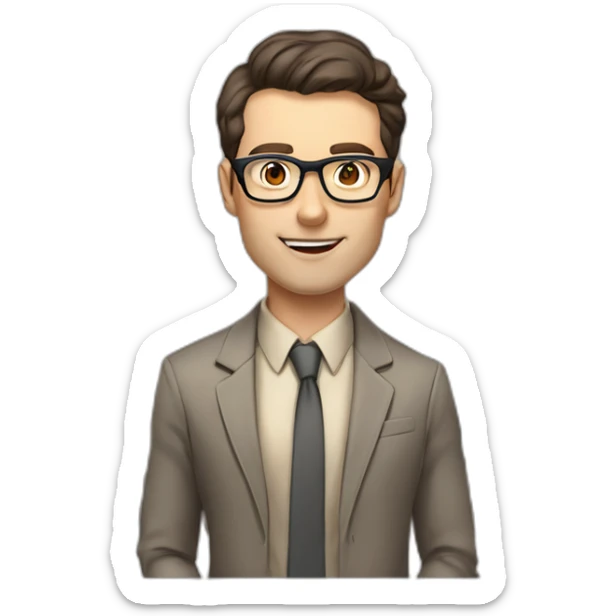 Pale skinned fit man teacher with dark brown hair in gray jacket, beige office shirt, brown tie, brown pants and vintage glasses Draws on the marker board sticker