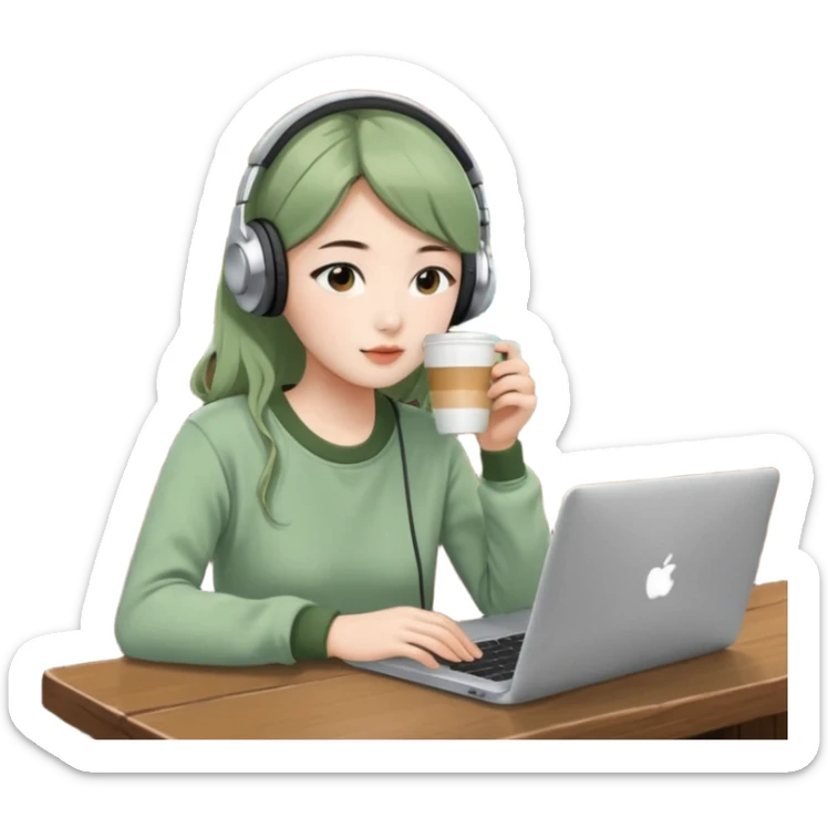 A Korean girl at a dive bar with a laptop and headphones with coffee watchin a korean drama the clothes in sage green sticker